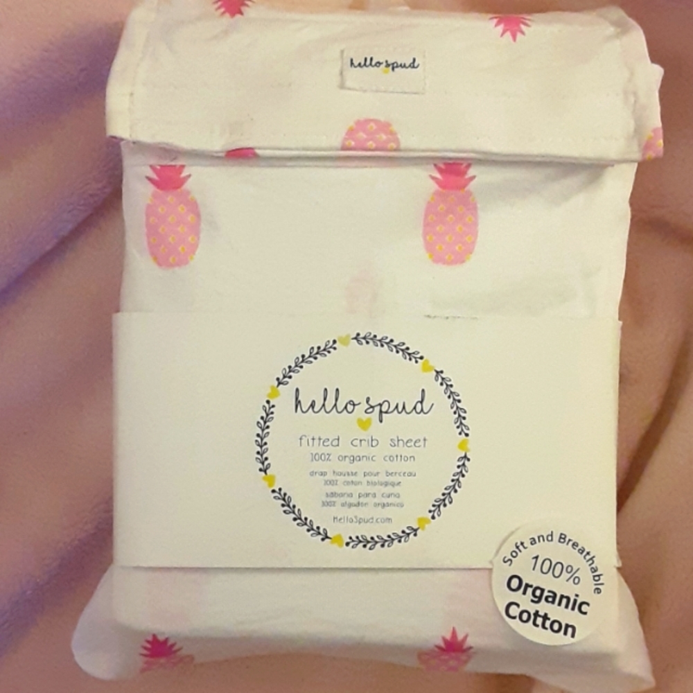 Hello Spud white pink yellow pineapple fitted cribsheet 100% organic cotton New…